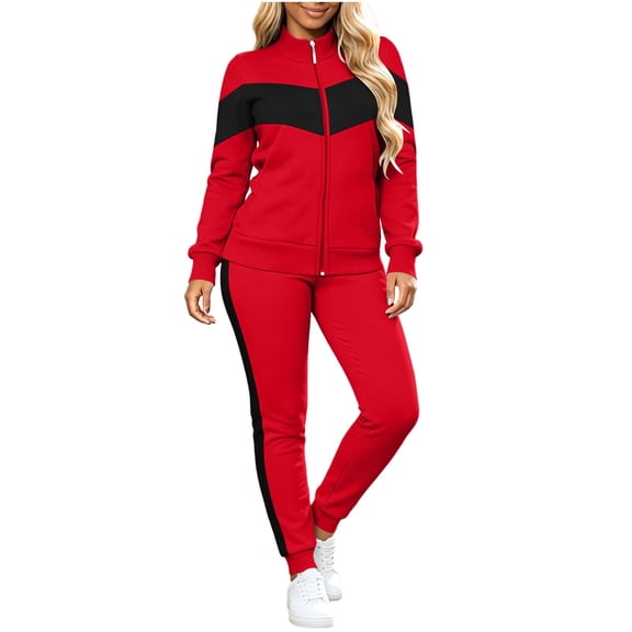 Women's 2 Piece Tracksuit Set Color Blocked Zip Up Stand Collar Long Sleeve Jacket Elastic Waist Jogger Pants for Sports Workout Daily Wear Red S