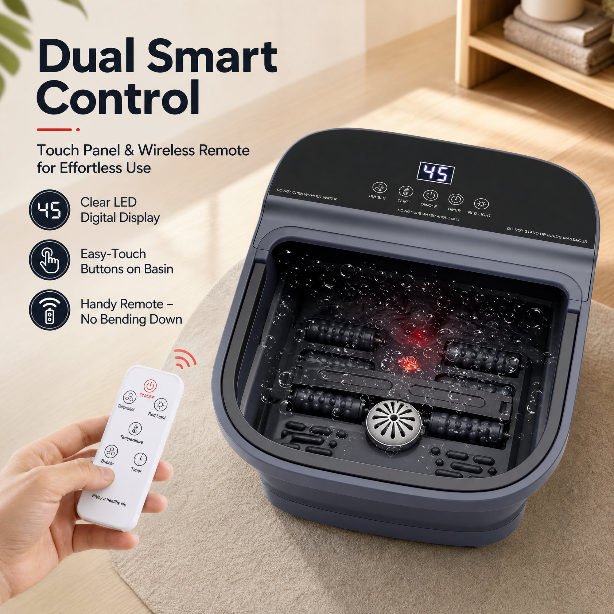 Doulami Collapsible Foot Spa Massager with Heat & Massage Rollers,Temp Control,Bubble,Touch Screen,Remote Control