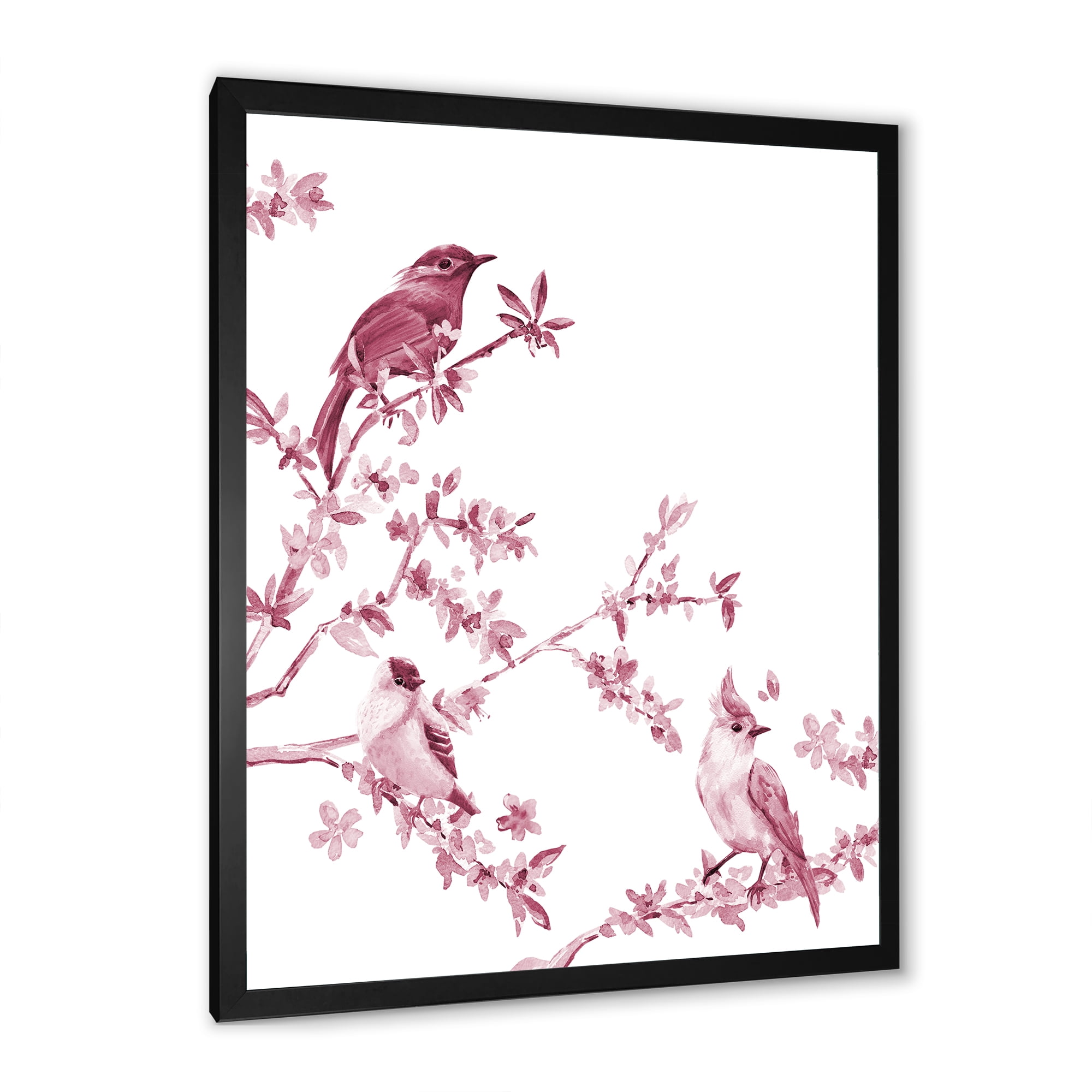 Beautiful Pink Birds Sitting On Flowering Branches 20 in x 20 in Framed Painting Canvas Art Print, by Designart