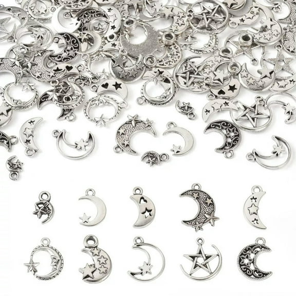 GKNET 100Pcs Antique Silver Moon Star Charms 10 Style Alloy Hollowed Celestial Charms