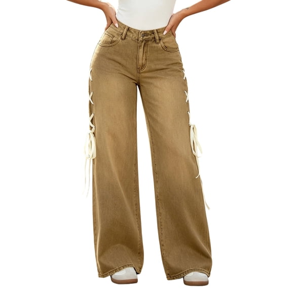 Levmjia Women's Wide Leg Jeans Lace Up Side Pants High Waisted Bootcut with Pockets Button Fly Solid Color Casual Denim Trousers