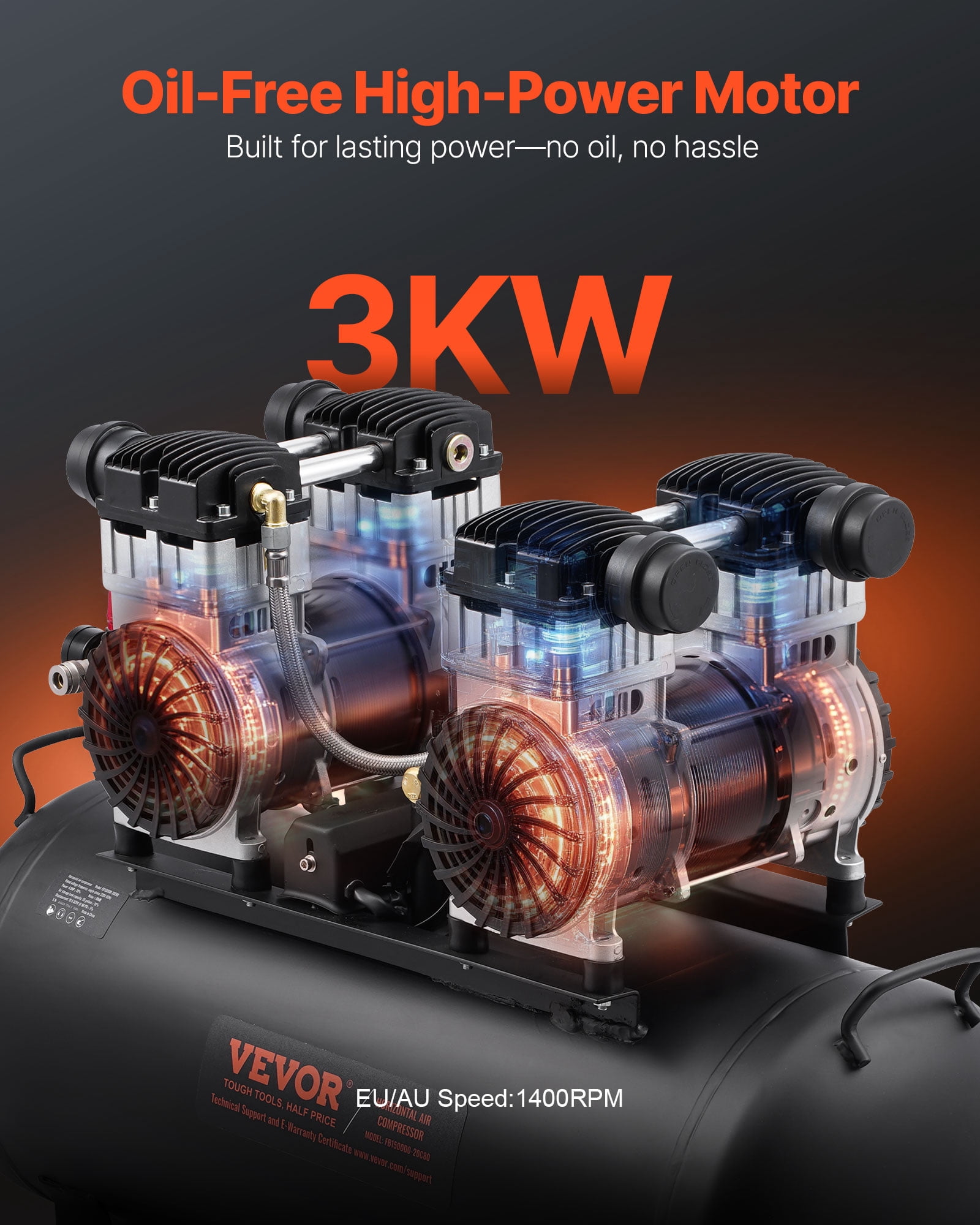 VEVOR Air Compressor, 20 Gallon Steel Tank, 4HP 10.6 CFM@90 PSI Oil Free Air Compressor & Max. 125PSI Pressure, 78dB Ultra Quiet Portable Compressor, for Auto Repair, Tire Inflation, Spray Painting