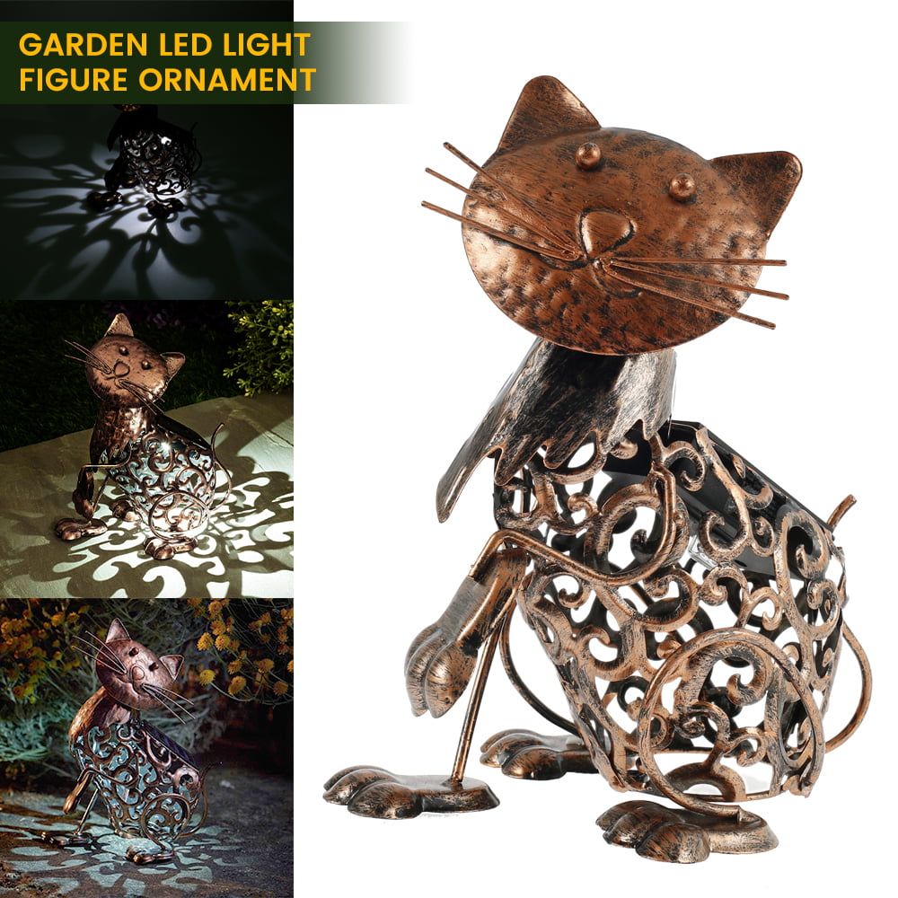 HOTBEST Garden Statue Cat Figurine Metal Cat with Solar LED Lights for