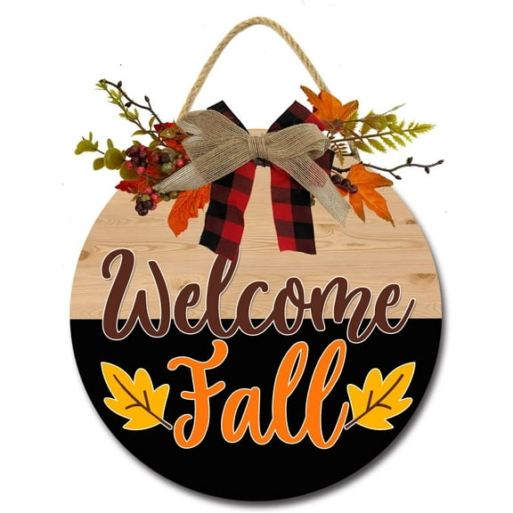 Eveokoki 12" Welcome Fall Door Sign, Fall Wreaths for Front Door, Fall Decoration Wooden Hanging Door Sign Farmhouse Welcome Fall Sign with Ribbon Bow for Autumn Home Wall Porch Decor