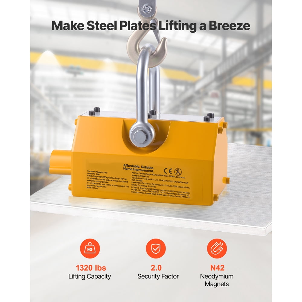 Permanent Magnetic Lifter, 1320 lbs Pulling Capacity, Heavy Duty N42 Neodymium Lifting Magnet with Release Handle and Steel Hook, Used in Shop Crane and Hoist, for Lifting Plate Steel, Board