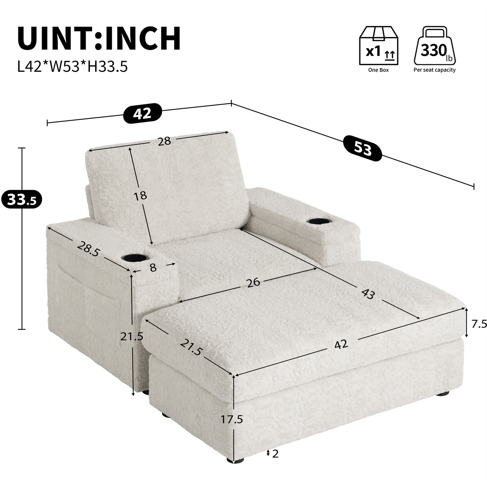 Aukfa 42 inch Chaise Lounge w/ 2 Cupholders, Storage Ottoman, Plush Chair Bed for Living Room, Beige