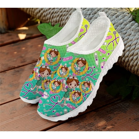 

FORUDESIGNS Cute Nursing Shoes for Women Summer Orange Black Slip On Flats Sneakers Breathable Casual Nurse Pattern Ladies Shoes