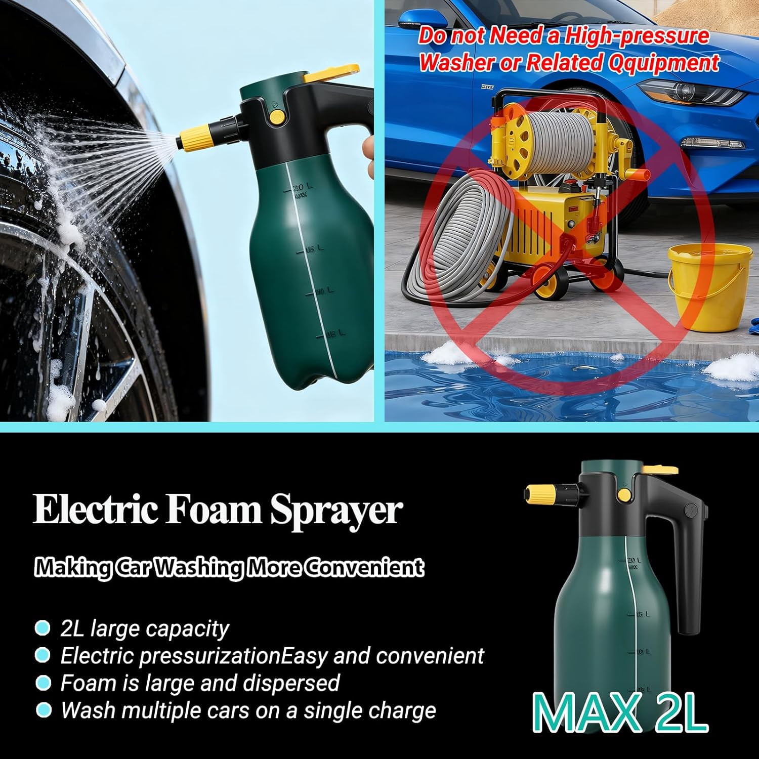 JJEAN-Electric Pressurized Foam Sprayer, 2L Cordless Pump Sprayer with One-Touch Lock, Portable Foam Sprayer for Car Wash, Auto Detailing, House & Pet Cleaning