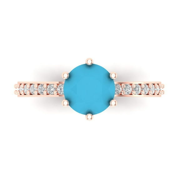 1.71ct Round Cut Blue Turquoise 14k Pink Rose Gold Engraving Statement Bridal Wedding Designer Ring Size 7.5