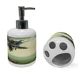 thumbnail image 2 of Ambesonne Caribbean Soap Dispenser & Toothbrush Holder Set, Palm Tree Rocky Shore, 2 Pcs, Almond Green Pale Yellow, 2 of 6