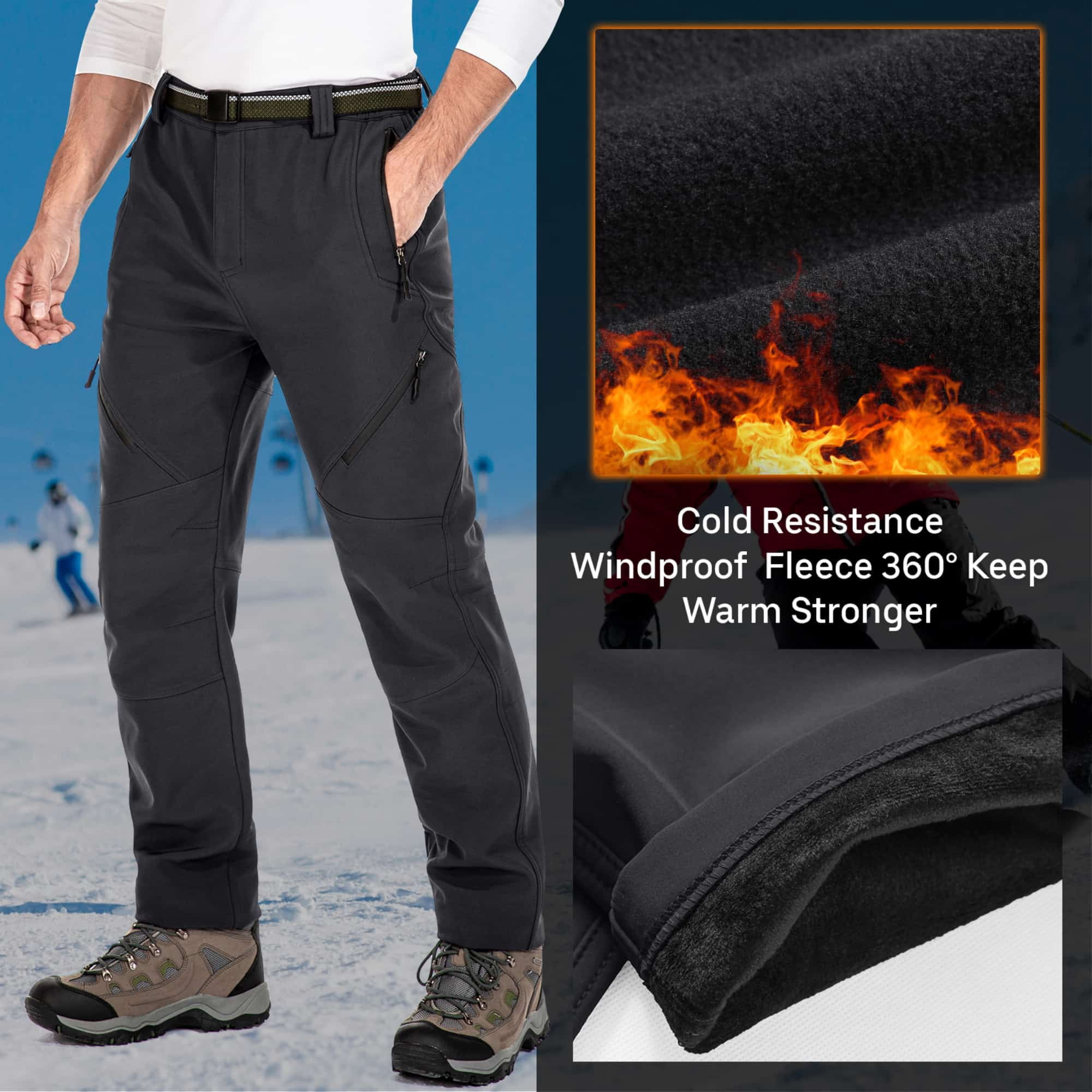 FEN AI Ski Pants Men Hiking Snow Pants Water Repellent Softshell Snowboard Trousers Fleece Lined Winter Outdoor Work Cargo Pants