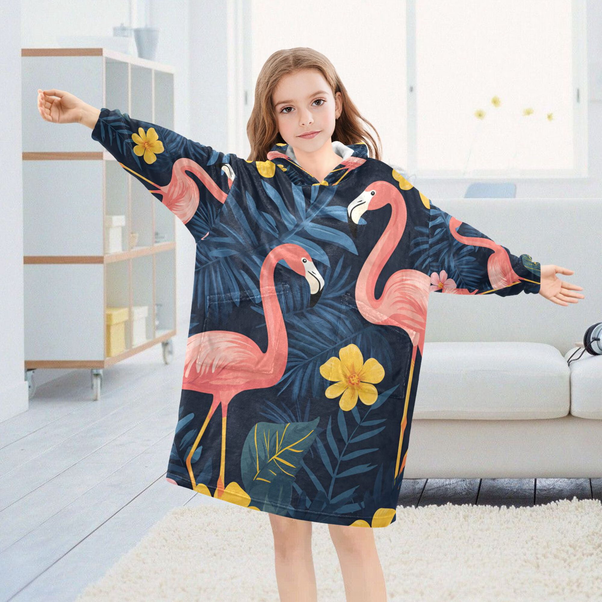 FORMRS Wearable Blanket Hoodie with Sleeves for Kids Cozy Flannel Sweatshirt, Floral Flamingo