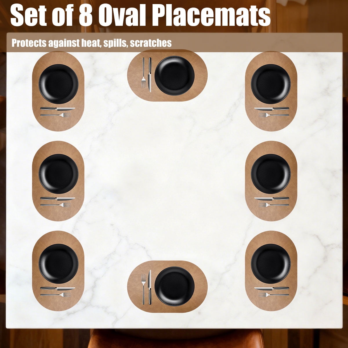Waterproof Table Mats,Heat Resistant Oval Placemats Set of 8 Washable 12 x 17 inch,Wipeable Place Mats for Kitchen,Dining Room,Light Brown