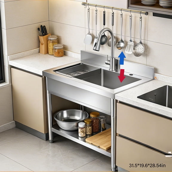 Heavy Duty Stainless Steel Sink, Free Standing Single Bowl Commercial Kitchen Sink Workbench & Storage Shelf, Pull-Out Hot & Cold Water Pipes & Faucet for Laundry Room, Farmhouse, Indoor/Outdoor