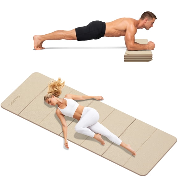 Lamei Yoga Mat, 10mm Thick Exercise Mat for Home Workout, Lightweight Foldable Fitness Mat, Travel, Quick Unfold/Fold, Flat Lay No Curl(Beige)