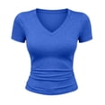 thumbnail image 5 of Feancey Crop Summer Tops for Women Ruched Waist Short Sleeve T-Shirts Stretchy Slim Fitted V Neck Basic Tees 2026 Trendy Going Out T Shirts Blue L, 5 of 9