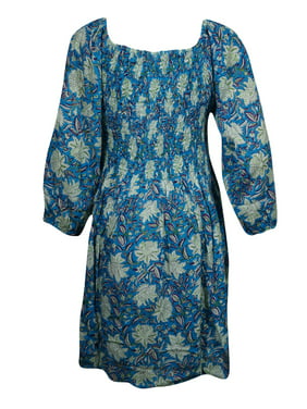 Mogul Women Gypsy Dress Printed Blue Loose Dresses Hippy Chic Floral Fit Flare OFF SHOULDER Trendy Festival Dress L