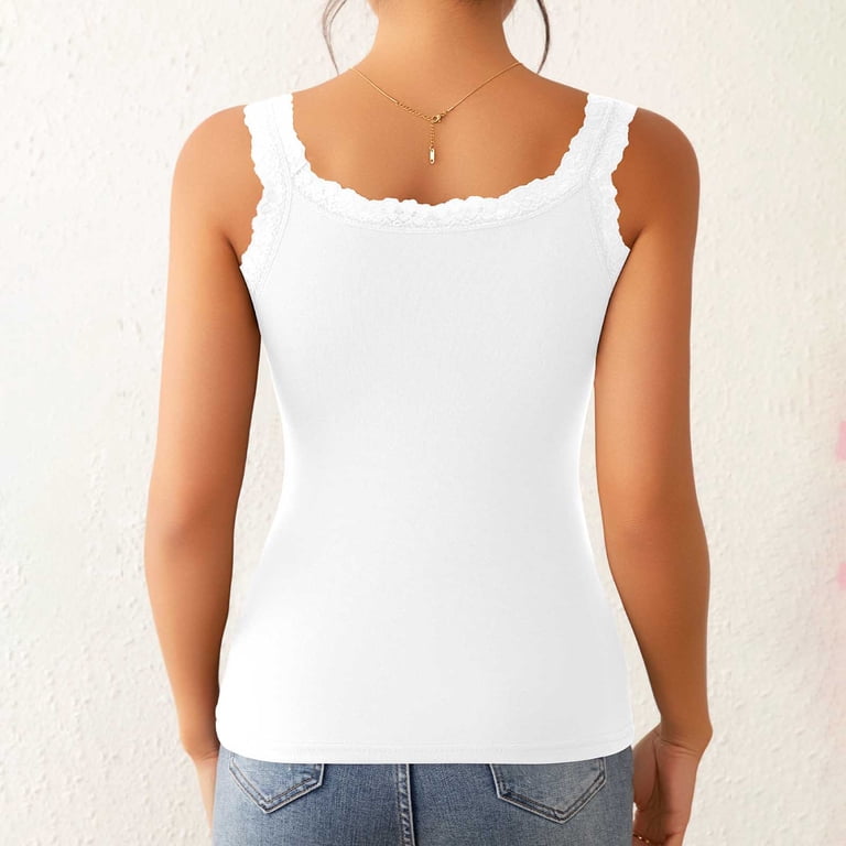 2 Pack Lace Camisole Tank Tops for Women V Neck Soft Ribbed Cotton