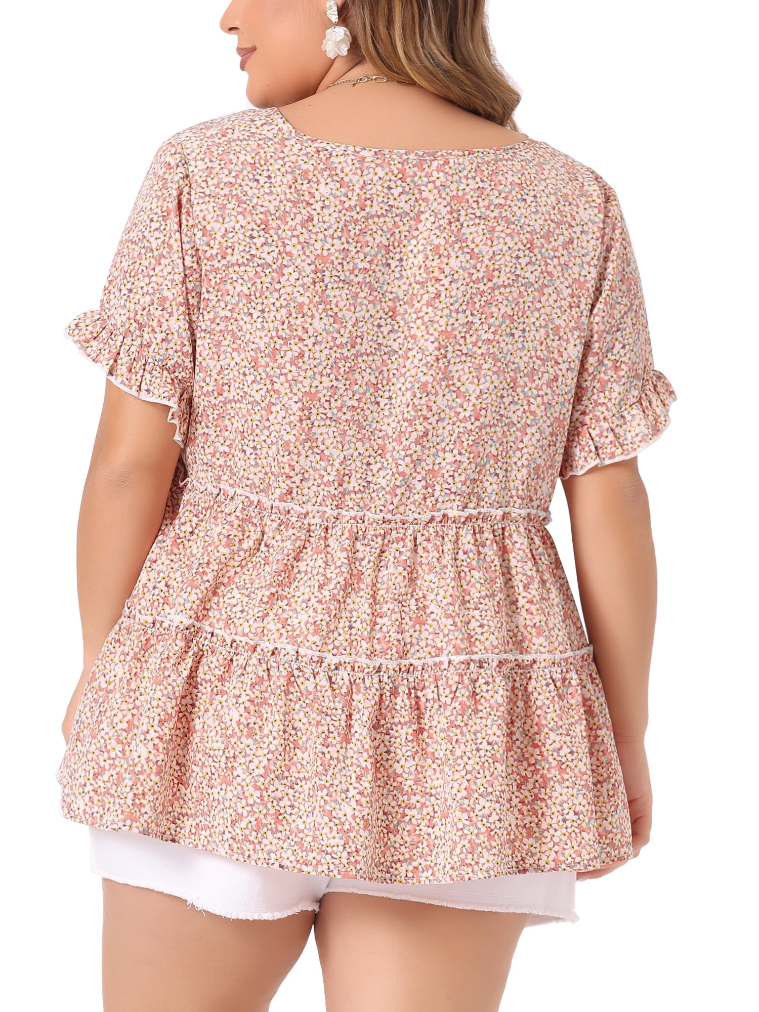 DARING DIVA Women's Plus Size V Neck Short Sleeve Floral Babydoll Blouse 2X Pink