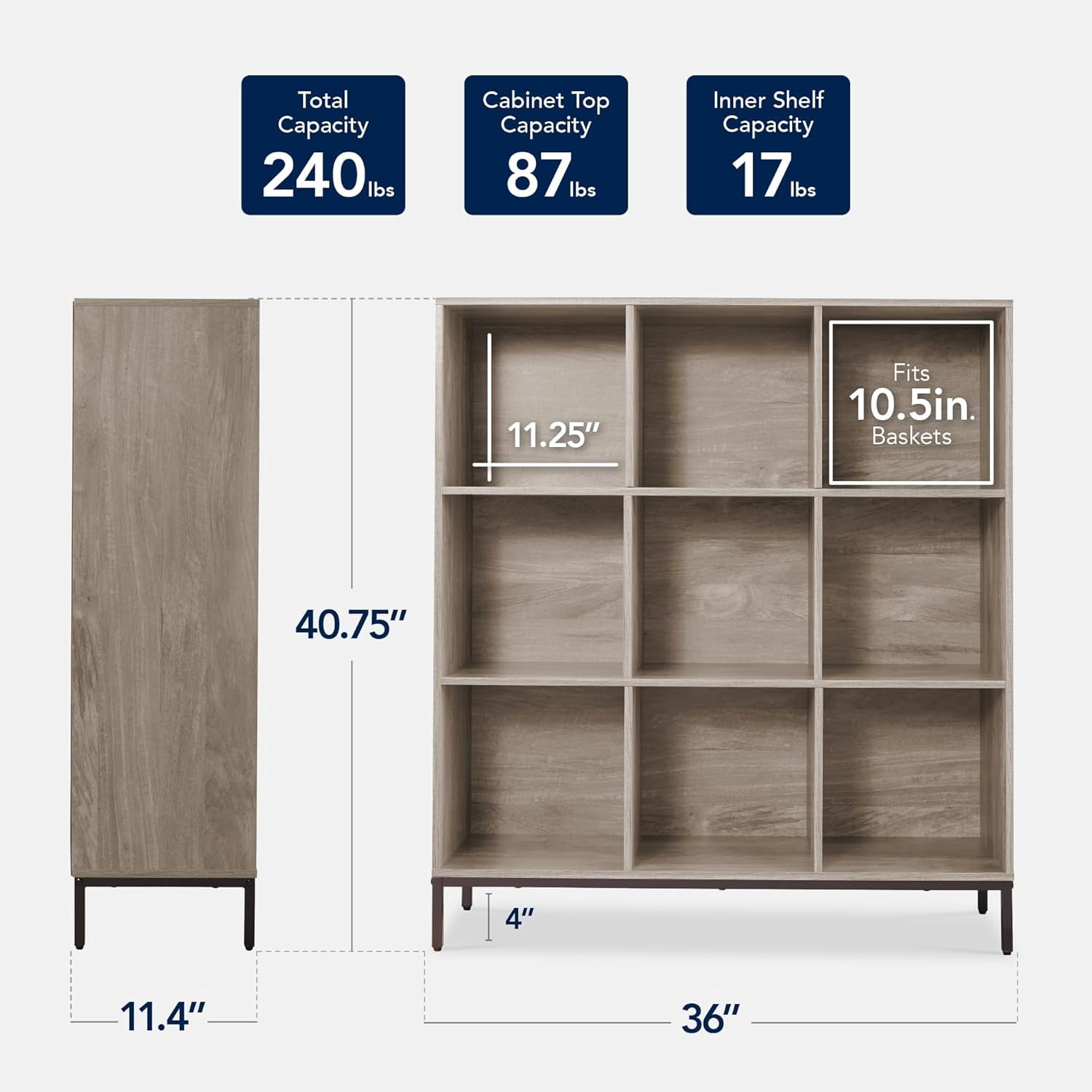 9-Cube Bookshelf, 3-Tier Wood Storage Bookcase W/Legs, 11in Shelf Opening, Cube Organizer, Living Room, Office, Nursery - Greige