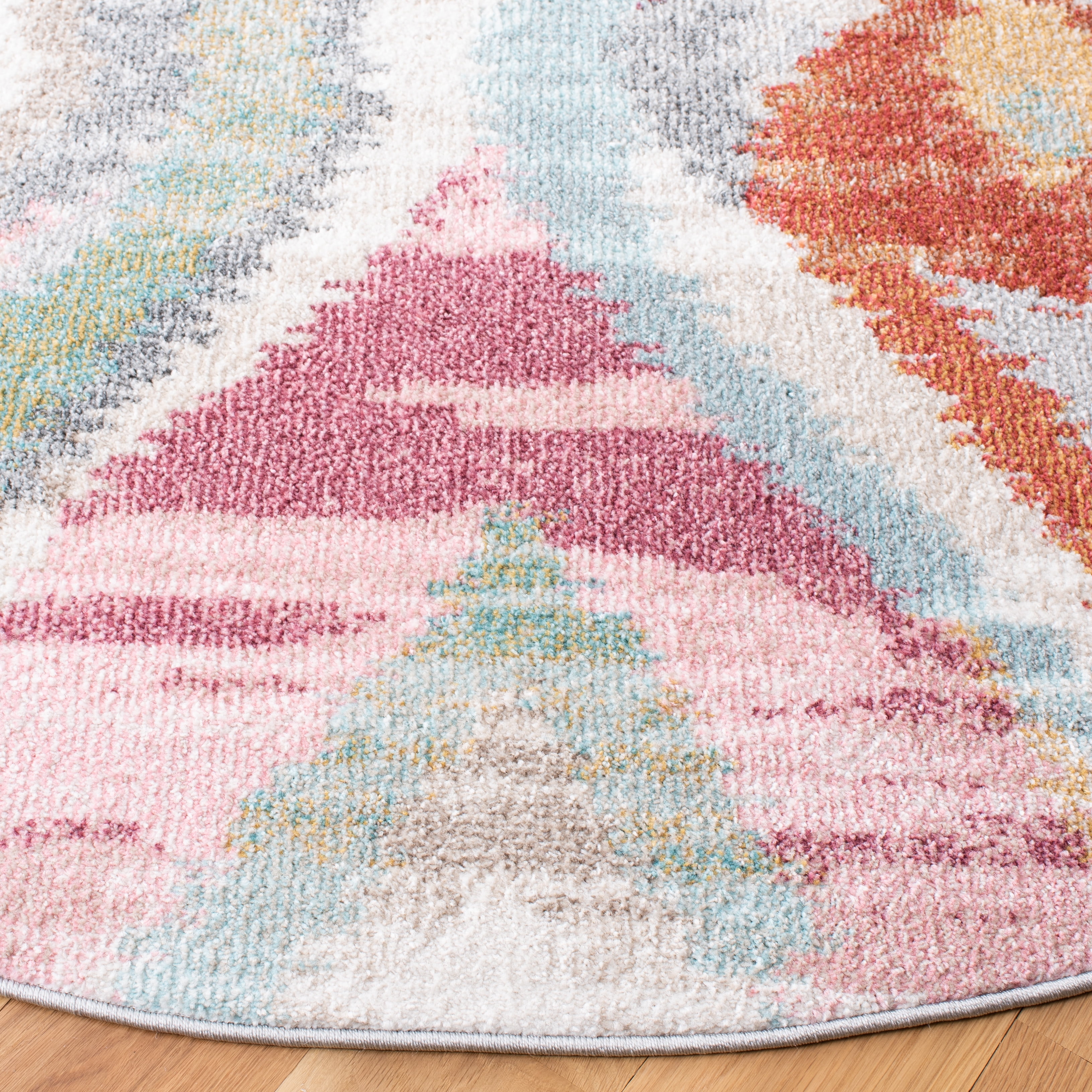 SAFAVIEH Phoenix Pemala Geometric Area Rug, Light Blue/Pink, 6'7" x 6'7" Round