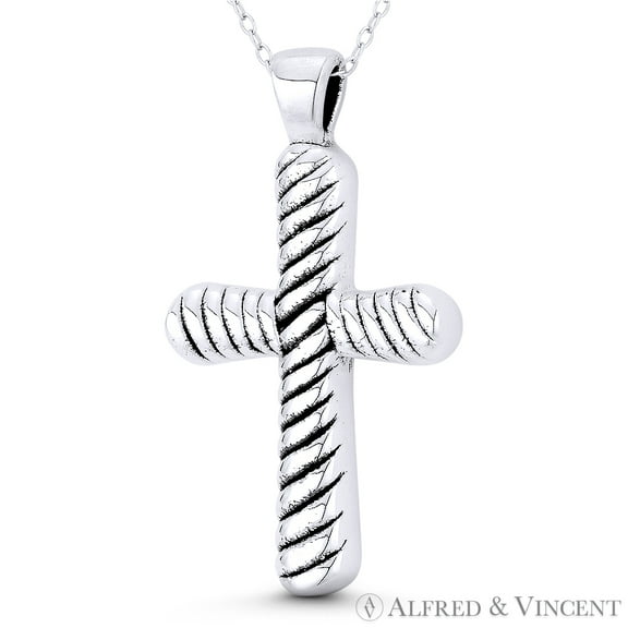 Engraved-Spiral-Groove Rustic Christian Cross 39x22mm (1.5x0.9in) Pendant & Chain Necklace in Oxidized .925 Sterling Silver
