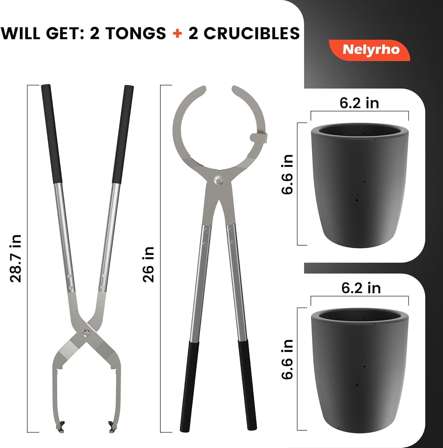 Nelyrho Crucible Tongs Set with 2 Graphite Crucibles #10 (26lbs-12kg) Smelting Kit for Metal Casting and Jewelry Making, Stainless Steel Lifting and Pouring Tongs