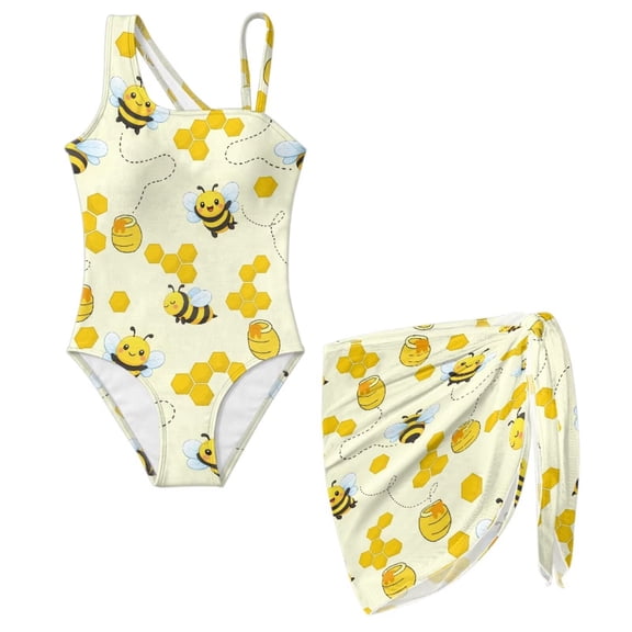 Uourmeti Cute Bee Swimwear Teens Girls One Piece Swimsuit with Short Sarong Soft Breathable Mesh Girl Beach Bathing Suit Cover Up for Beach Vacation,Swimming,School Pool Party