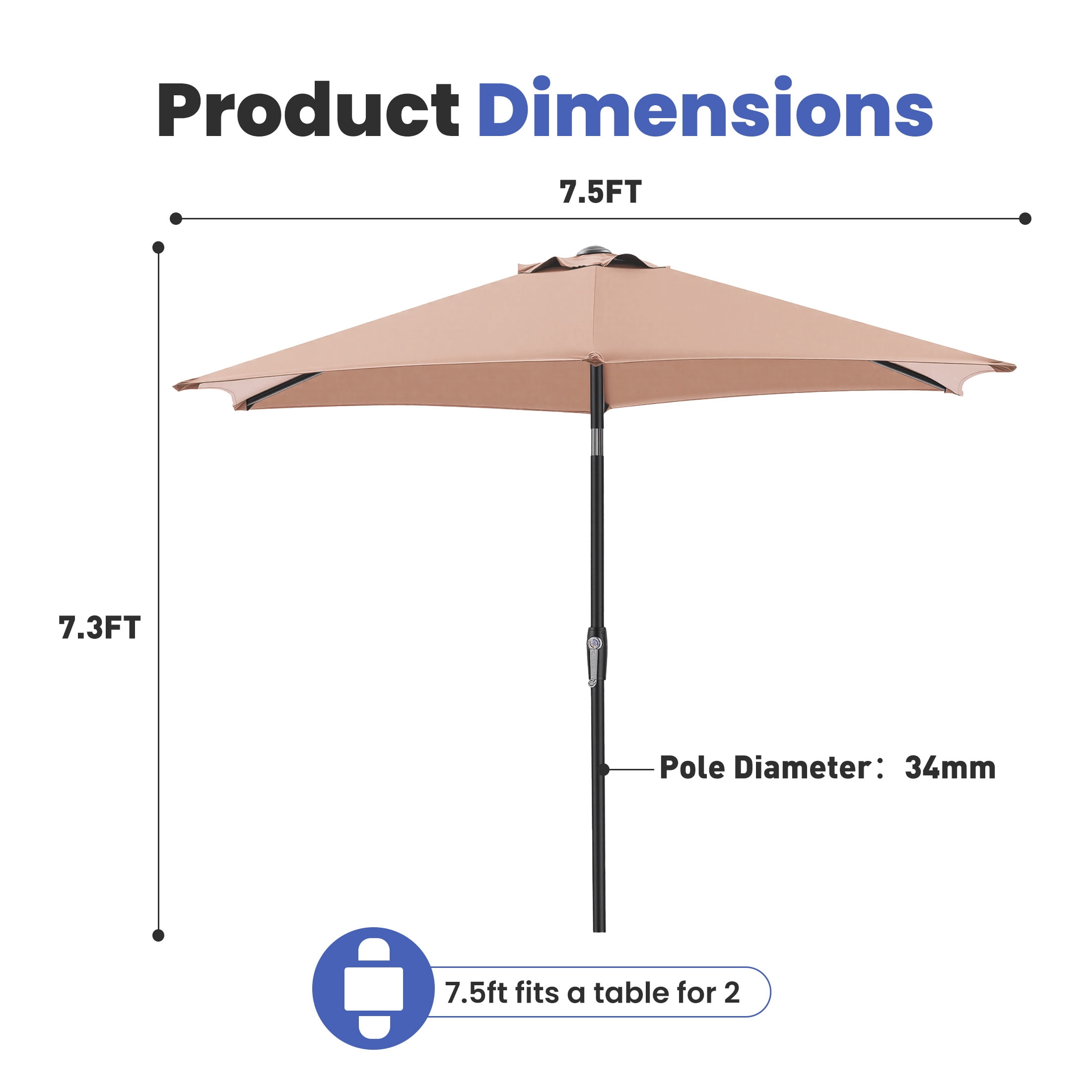 EdX 7.5 FT Outdoor Patio Umbrella, 6-Rib Market Umbrella with Adjustable Tilt and Ventilation Top, UV15+ & Waterproof 180G Polyester Canopy for Patio, Garden and Poolside ,Brown