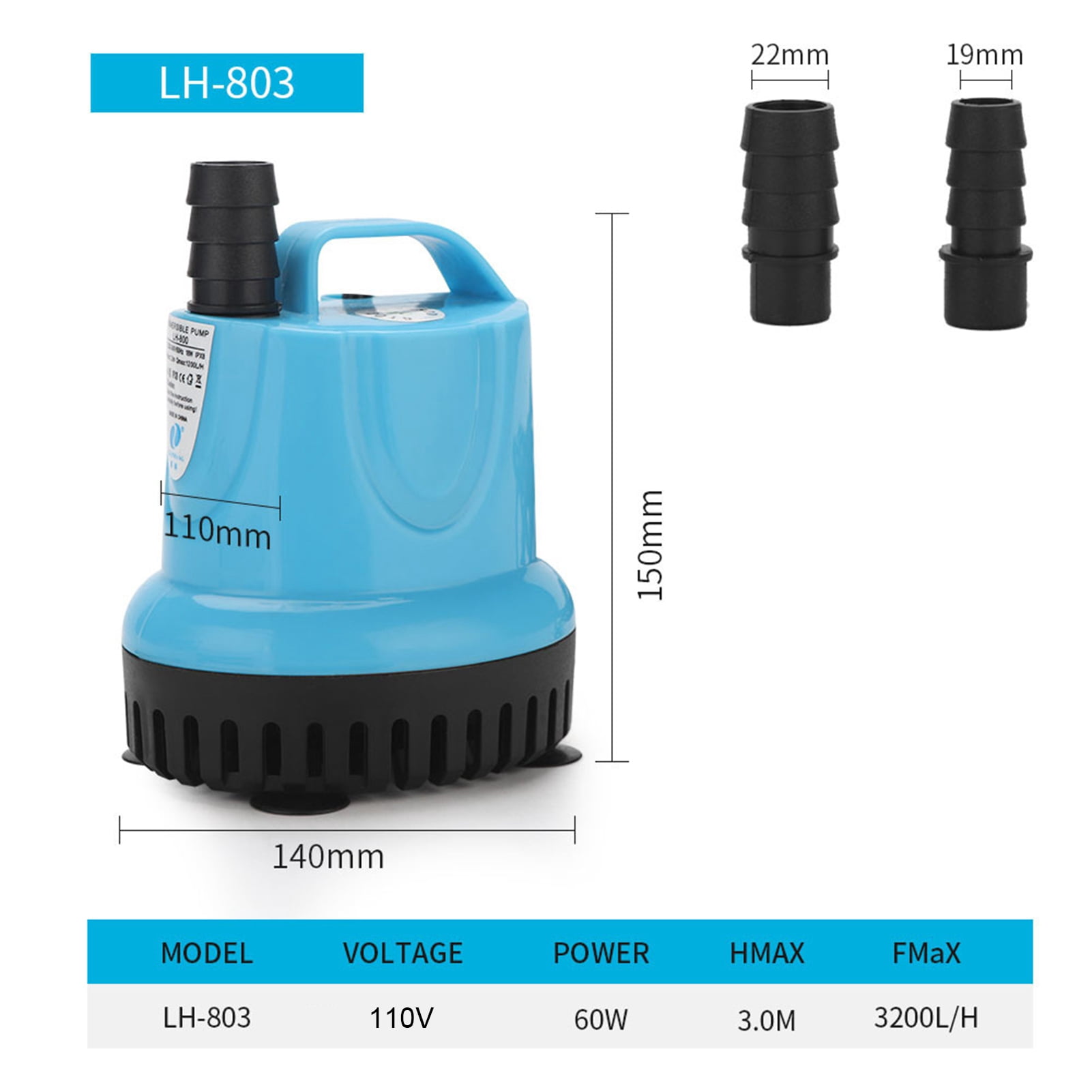 Yajisi Submersible Water Pump 60W with 2 Nozzles for Fish Tanks Pond Aquarium Circulation 3200L/H US Plug