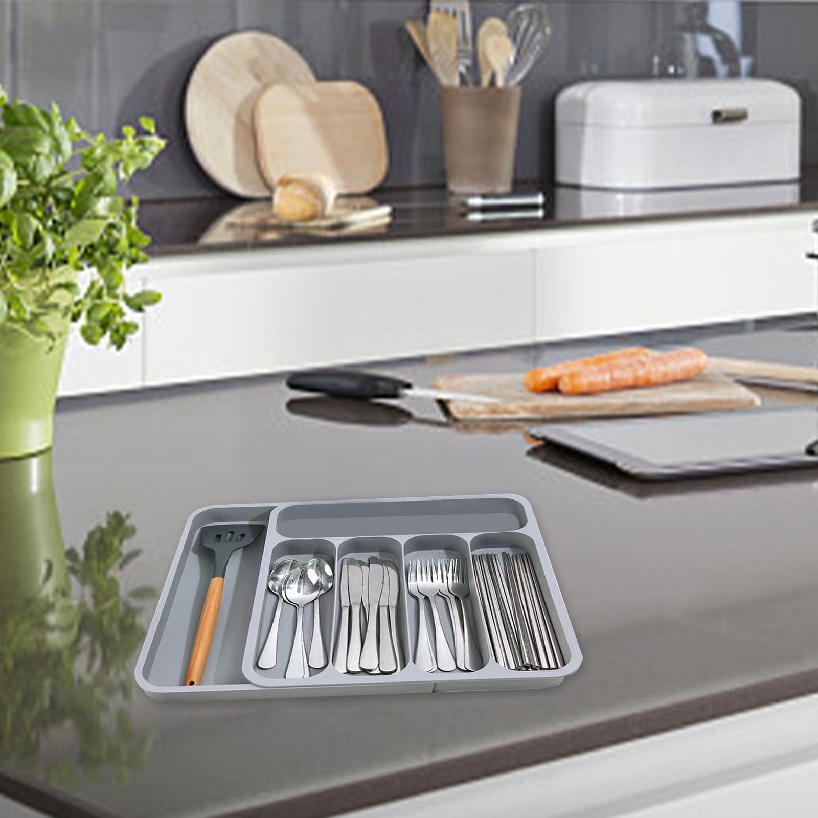 Drawer Organizer for Kitchen Utensils | Silverware Tray with Detachable Sections | Cutlery Storage Box for Spoons Forks Knives | Expandable Plastic Organizer for Home Office Dining Room