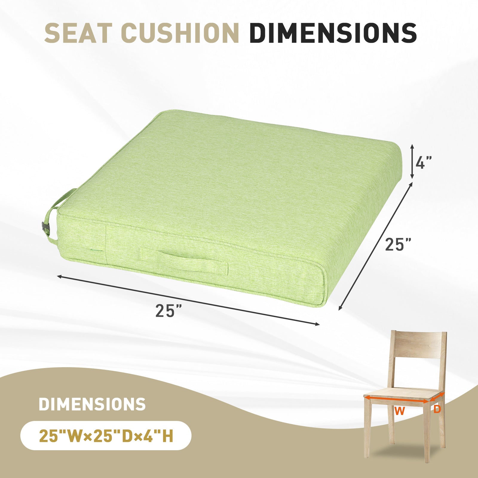 BPS 25x25 Inch Outdoor Chair Cushion Set of 2, Water Resistant Patio Furniture Cushions with Adjustable Straps & Removable Cover for Patio, Deck, or Garden, Green
