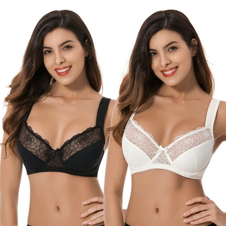 Curve Muse Womens Plus Size Minimizer Underwire Bra With Lace Embroidery-2 Pack- Black Butter Milk-40DD