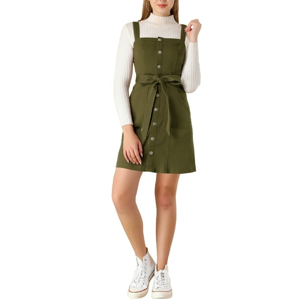 INSPIRE CHIC Vestido de mezclilla A-Line con tirantes ajustables para mujeres, Día de la Madre, XL, Verde Ejército, Primavera Verano