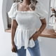 thumbnail image 3 of Top de mujer con cuello cuadrado, manga corta abombada, blusa informal con dobladillo con volantes, bata de poliéster para verano, blanco M, 3 of 6
