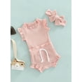 thumbnail image 3 of Kiapeise Newborn Baby Girl Ribbed Outfits Solid Ruffle Sleeveless Romper Shorts Headband Infant Summer Clothes Set, 3 of 9