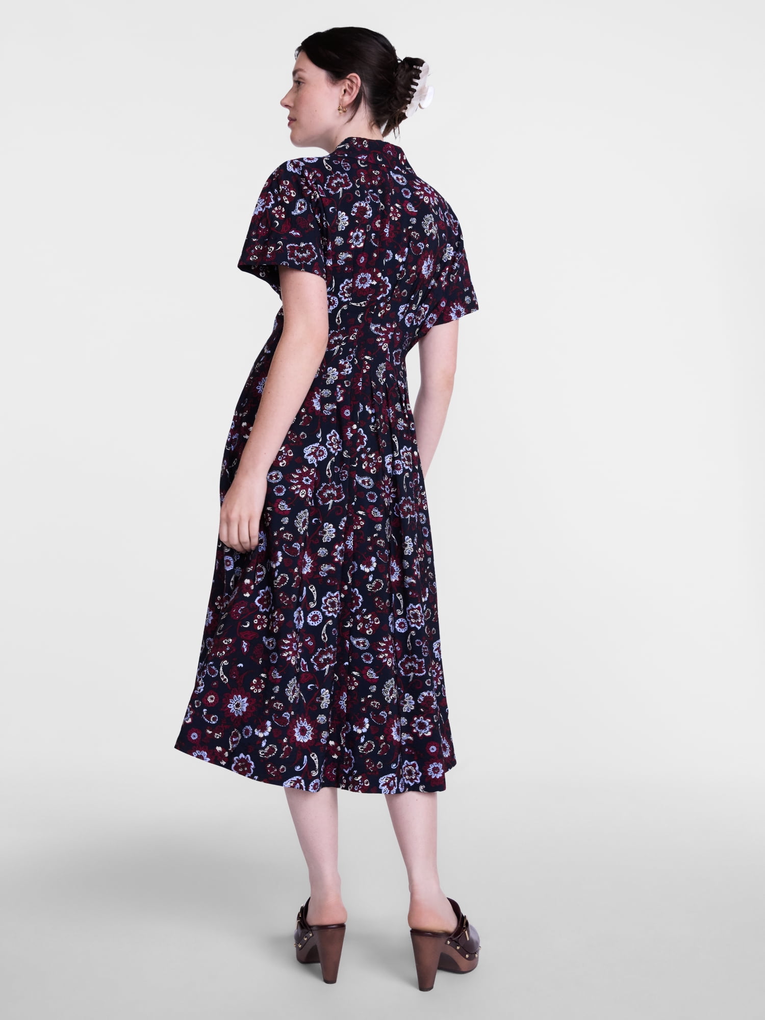 Scenario Women's and Women's Plus Pleated Waist Midi Shirtdress with Short Sleeves, Sizes XS-4X