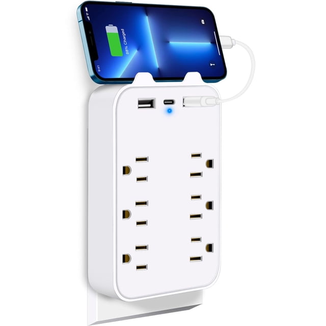Multicontacto de Pared, Protector de Sobretensión de Pared con Extensor de 6 Tomas con 3 Puertos USB
