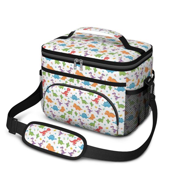 Dinosaur and Floral White Pattern Insulated Lunch Box for Women Men, Medium Leakproof Cooler Bag with Adjustable Strap, 10"x6.7"x8"