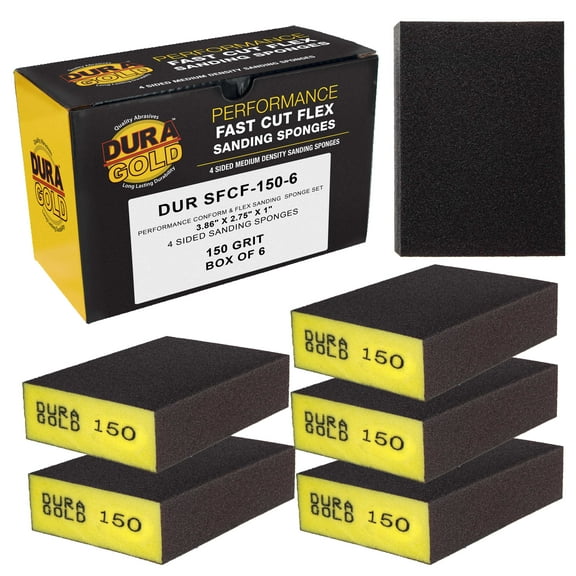 Dura-Gold 150 Grit 4-Sided Hand Sanding Block Sponges, Box of 6 - Performance Flex 3.9" x 2.75" x 1" Wet or Dry Flexible Sandpaper Abrasive Brick Pads, Reusable - Sand Wood, Drywall, Auto Paint