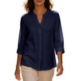 thumbnail image 5 of Perfectbot Women's Collarless Button Down Shirt, 3/4 Sleeve Cotton Linen Tunic Blouse with Curved Hem, 5 of 8