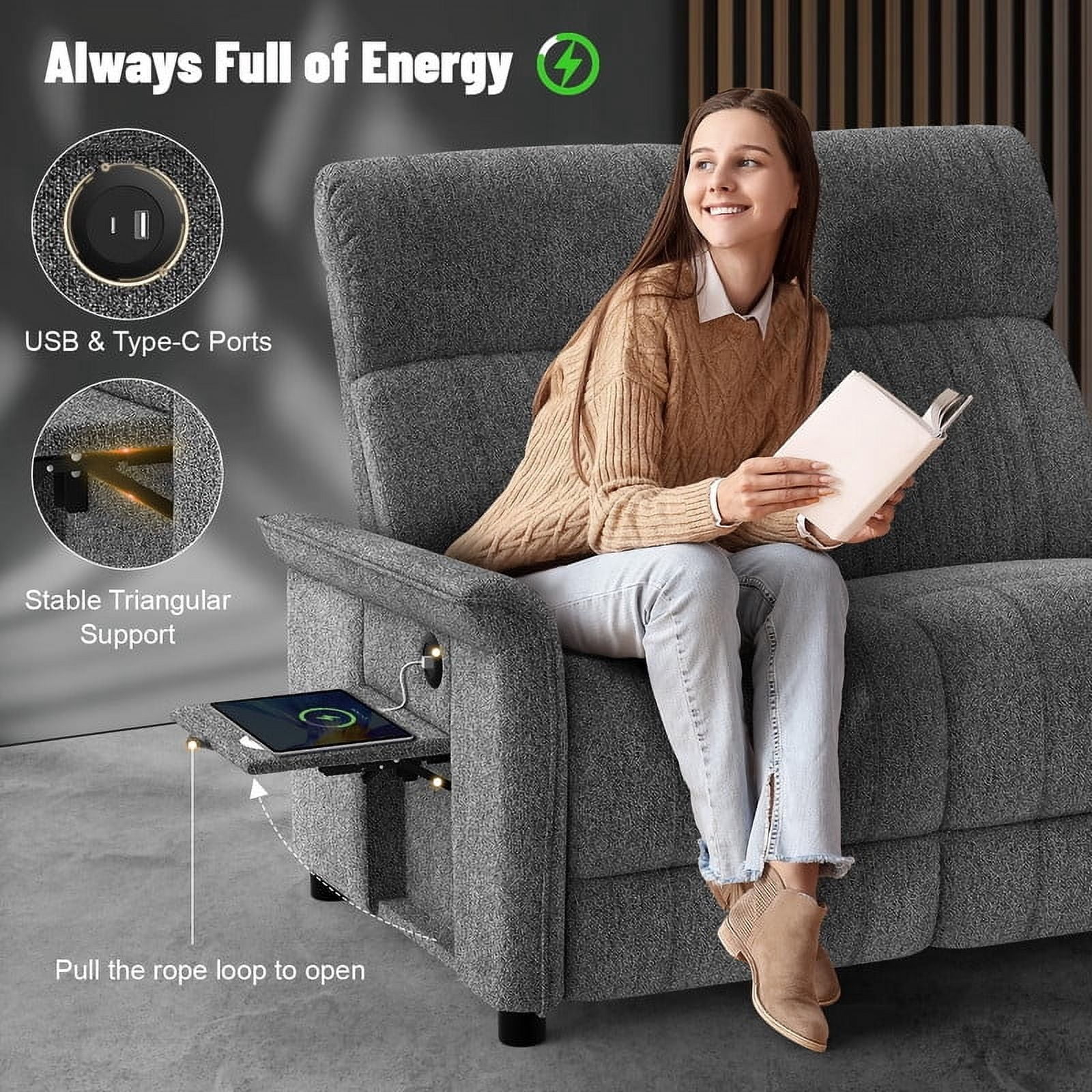 Loberfve Recliner Sofa, RV Reclining Loveseat with 2 Folding Side Table and Cup Holders, Manual Modern Loveseat Recliner Sofa with USB Ports, Gray