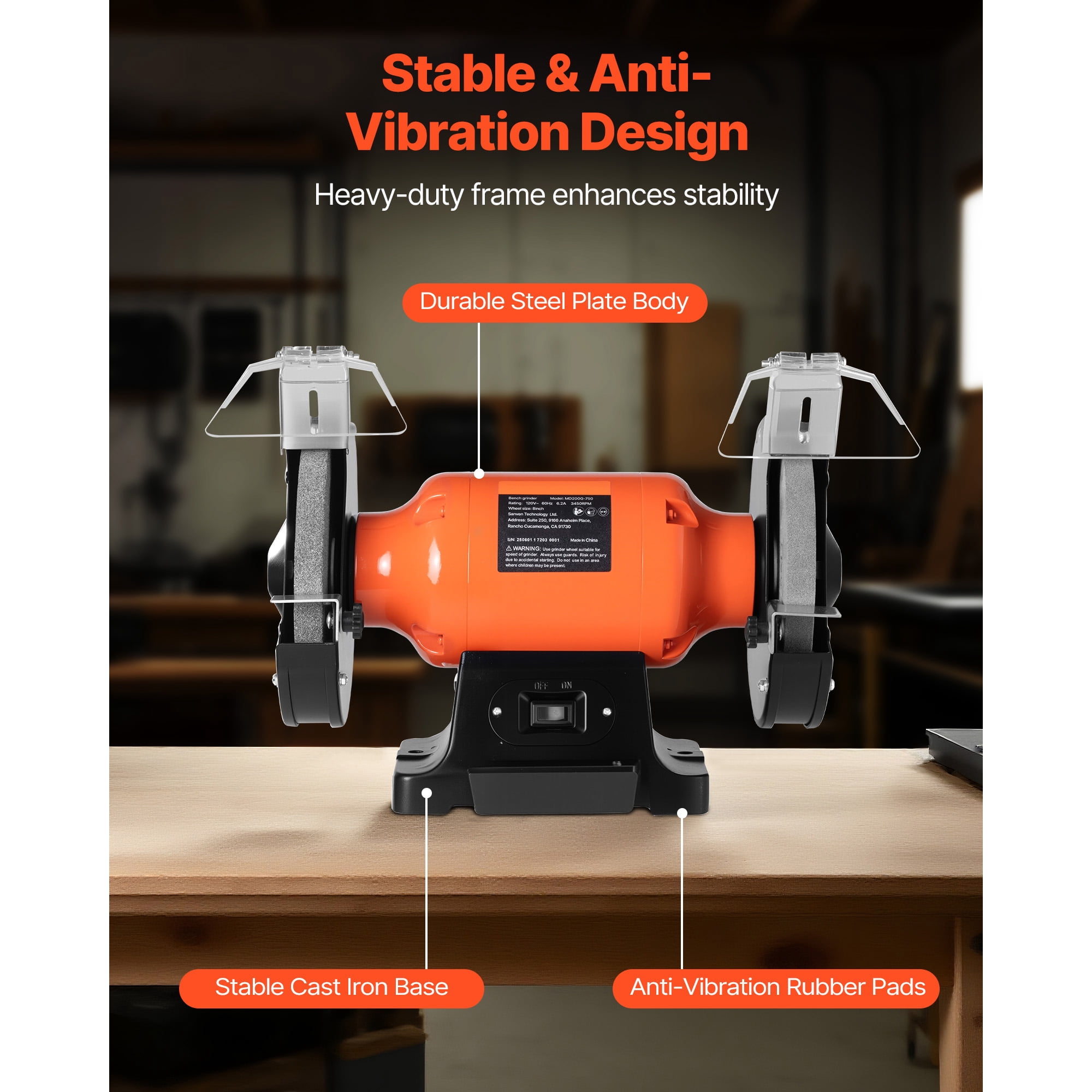 KFFKFF 8-Inch Bench Grinder with 3450 RPM, Single-Speed Table Grinder Featuring 750W Induction Motor, 36/60-Grit Grinding Wheels, and Adjustable Eye Shields for Efficient Sharpening and Grinding