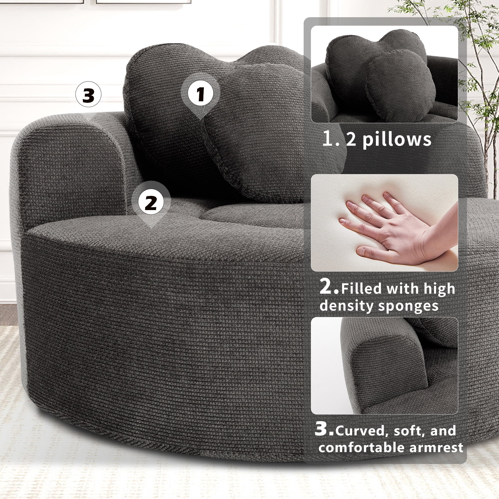 Leumius Oversized Round Chair Lounge Chaise Indoor,Upholstered Round Sofa Bed with Memory Foam,Comfy Cloud Circle Chair with Deep Seat for Living Room Bedroom,No Assembly Required,Black+ Gray