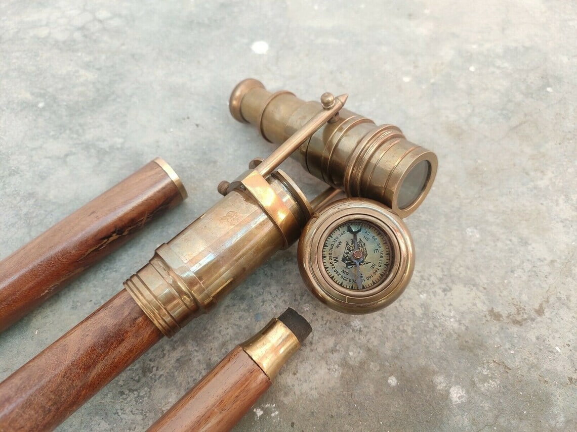 Handmade Antique Brass Leather Brass Walking Stick Compass Head Cane Stick 
