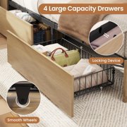 AOGLLATI Queen Size Bed Frame with Storage Drawers & Rattan Headboard - Boho LED Platform Bed with Charging Station, No Box Spring Needed