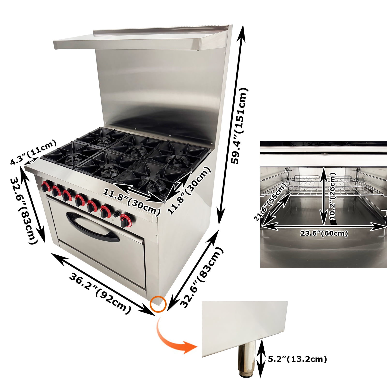 6 Heads Burner Gas Range Hot Plate Stove Kitchen Restaurant Cooker with Baking Oven