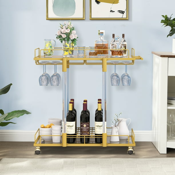 Acrylic Bar Cart with Wine Rack & Glass Holder, 2 Tier