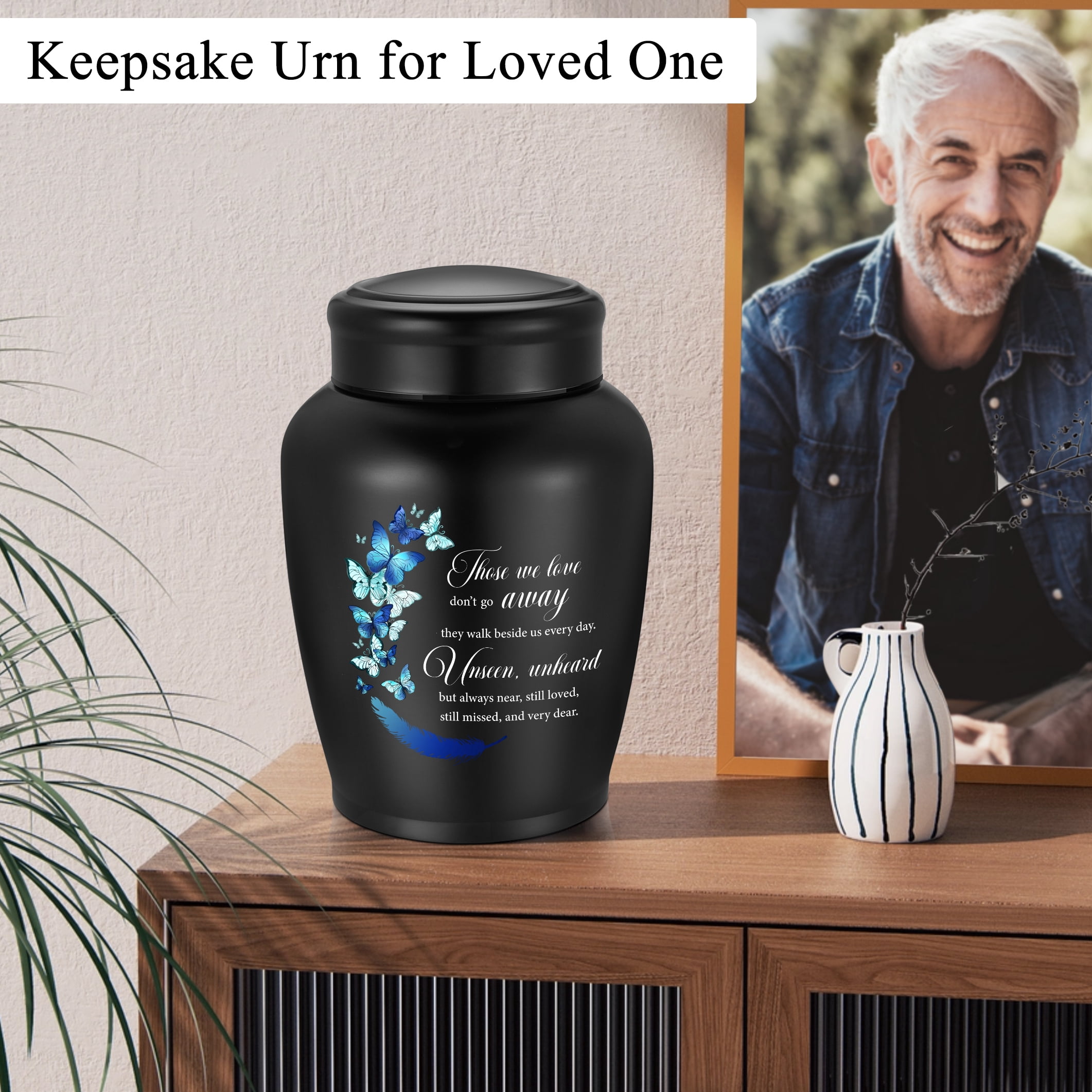 XIUDA Large Stainless Steel Urn for Human Ashes - 8.5 Inch Decorative Funeral Urn, Butterfly Cremation Keepsake for Men Women, Black Memorial Keepsake for Ashes