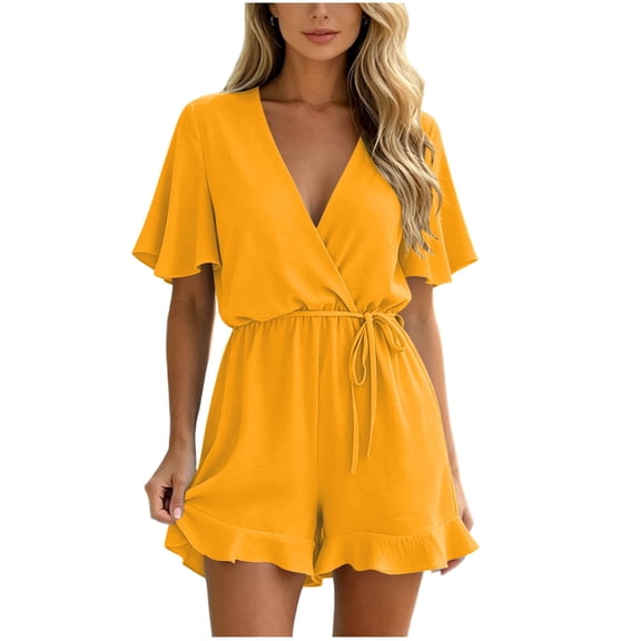 biudgviw Womens Summer Rompers Short Sleeve V Neck Jumpsuits Drawstring Casual Ruffle Hem Shorts Beach Vacation Outfits